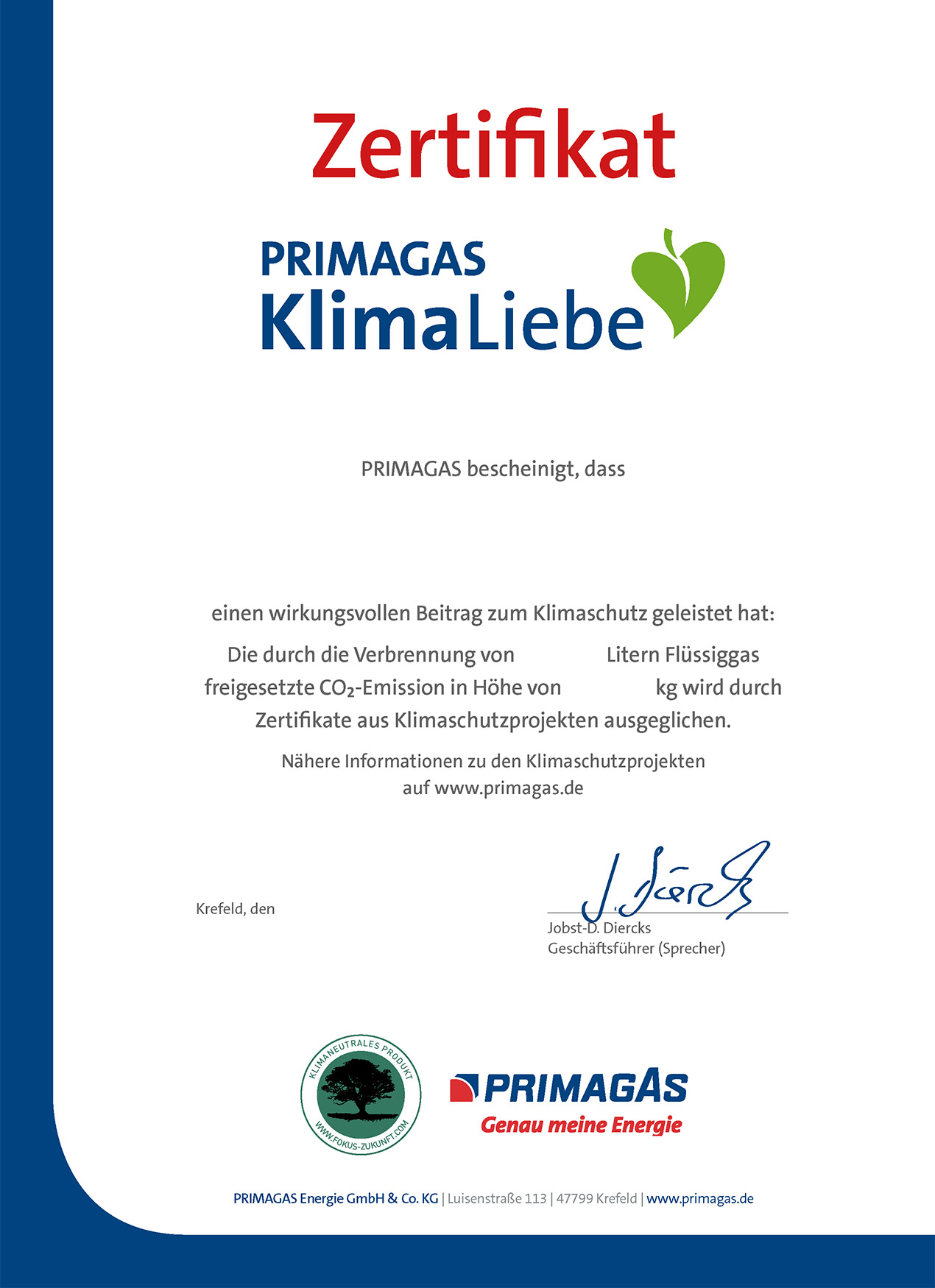 PRIMAGAS KlimaLiebe - Zertifikat Flüssiggas